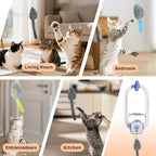 Rechargeable electric cat teaser toy clipped to a door frame, shown with included remote control