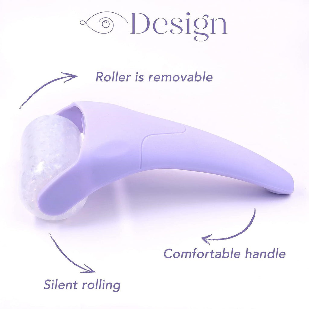 Ice roller massager for face resting on a white surface, showing the cooling facial massage tool's handle and rolling head