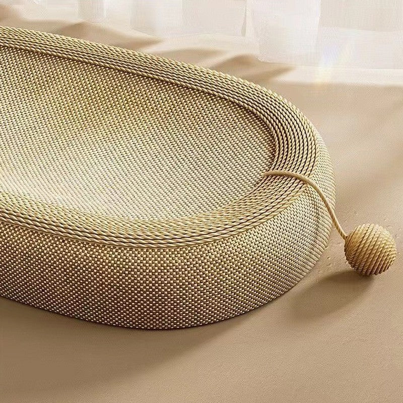 Oval sisal cat scratcher bed with textured scratching surface and cozy lounge nest design for cats