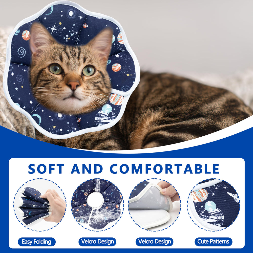 Soft adjustable Elizabethan cone collar on a cat, showing comfortable fit and flexible fabric construction