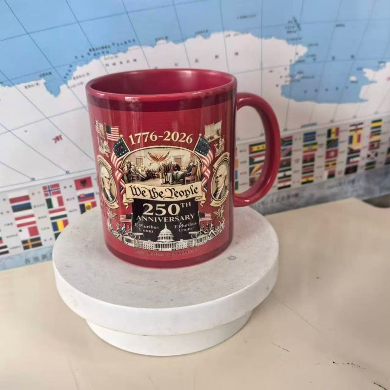 250th Anniversary ceramic coffee mug shown from the side, highlighting its round shape and classic design, 301–400ml capacity