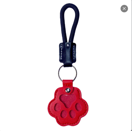 Paw-shaped brown leather keychain holding a small tuft of pet fur, a heartfelt memorial keepsake for dogs and cats