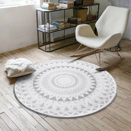 Nordic round area rug with minimalist geometric pattern in neutral tones, soft polyester floor carpet for living room décor