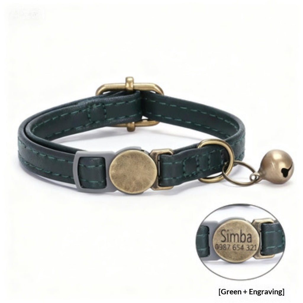 Retro leather cat collar with vintage-style buckle, shown in close-up detail on a flat surface