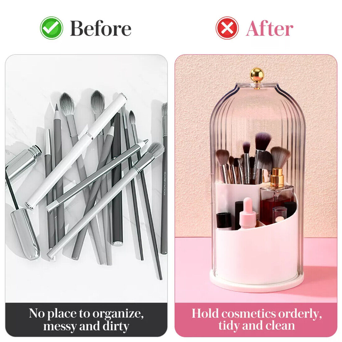 360 rotating makeup brush holder with lid shown open, displaying organized compartments for brushes and beauty tools on a des