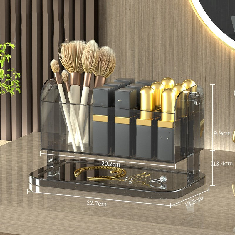 Clear PET rotating makeup organizer with compartments for lipsticks and brushes, shown from a side angle