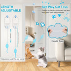 Rechargeable electric cat teaser toy clipped to a door frame with remote control nearby