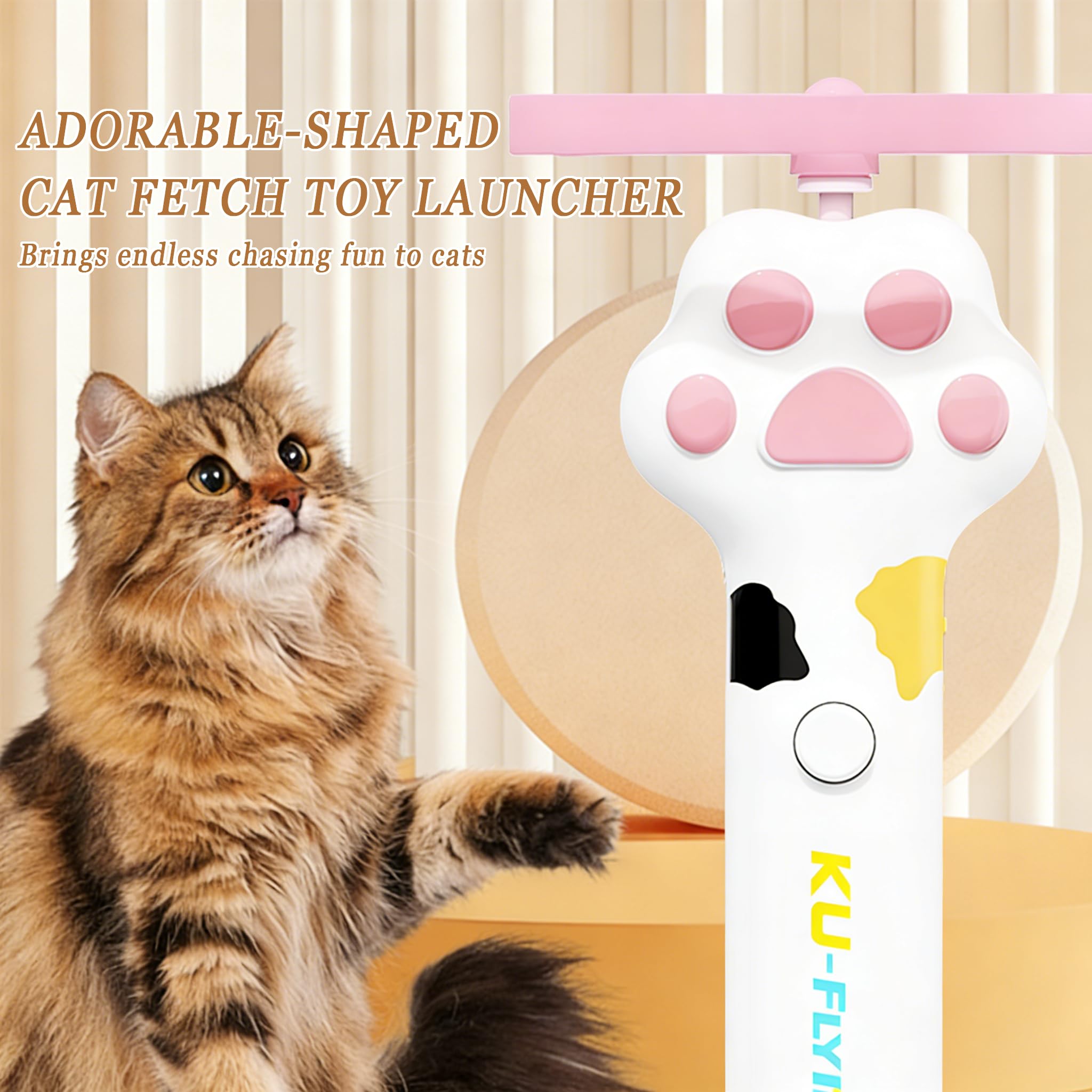 Rechargeable flying disc launcher cat toy shown with six colorful discs included for interactive play