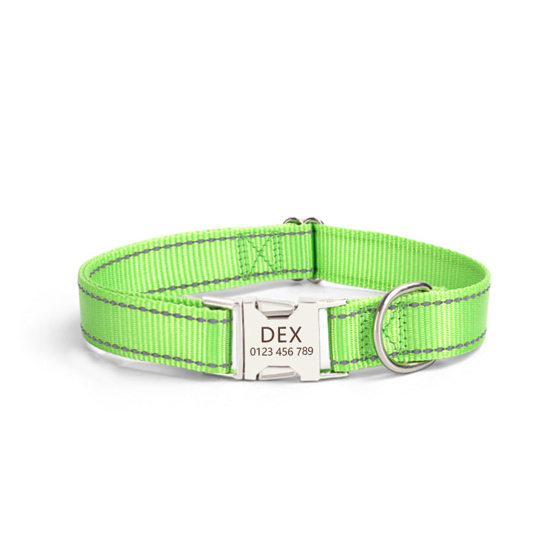 Adjustable nylon reflective dog collar shown from the side, highlighting durable stitching and buckle closure