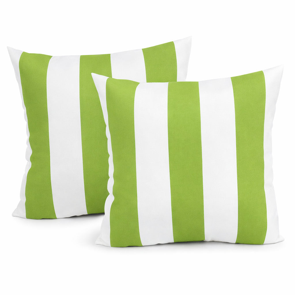 Green and white 18x18 waterproof outdoor throw pillows for patio, set of 2, shown on outdoor furniture