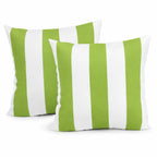 Green and white 18x18 waterproof outdoor throw pillows for patio, set of 2, shown on outdoor furniture