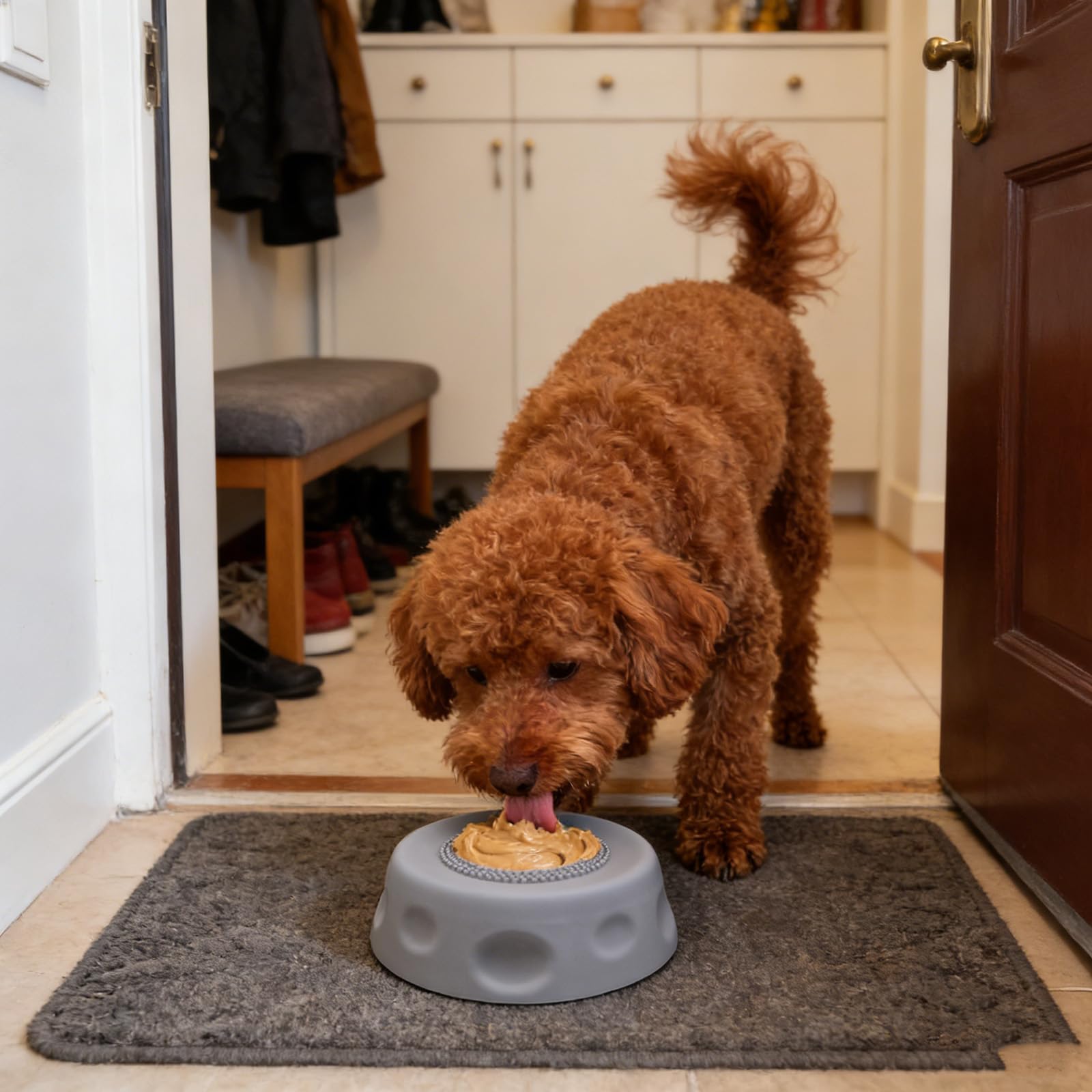 Light blue dog slow feeder lick bowl with a rolling ball insert, designed to slow down mealtime and support healthy digestion