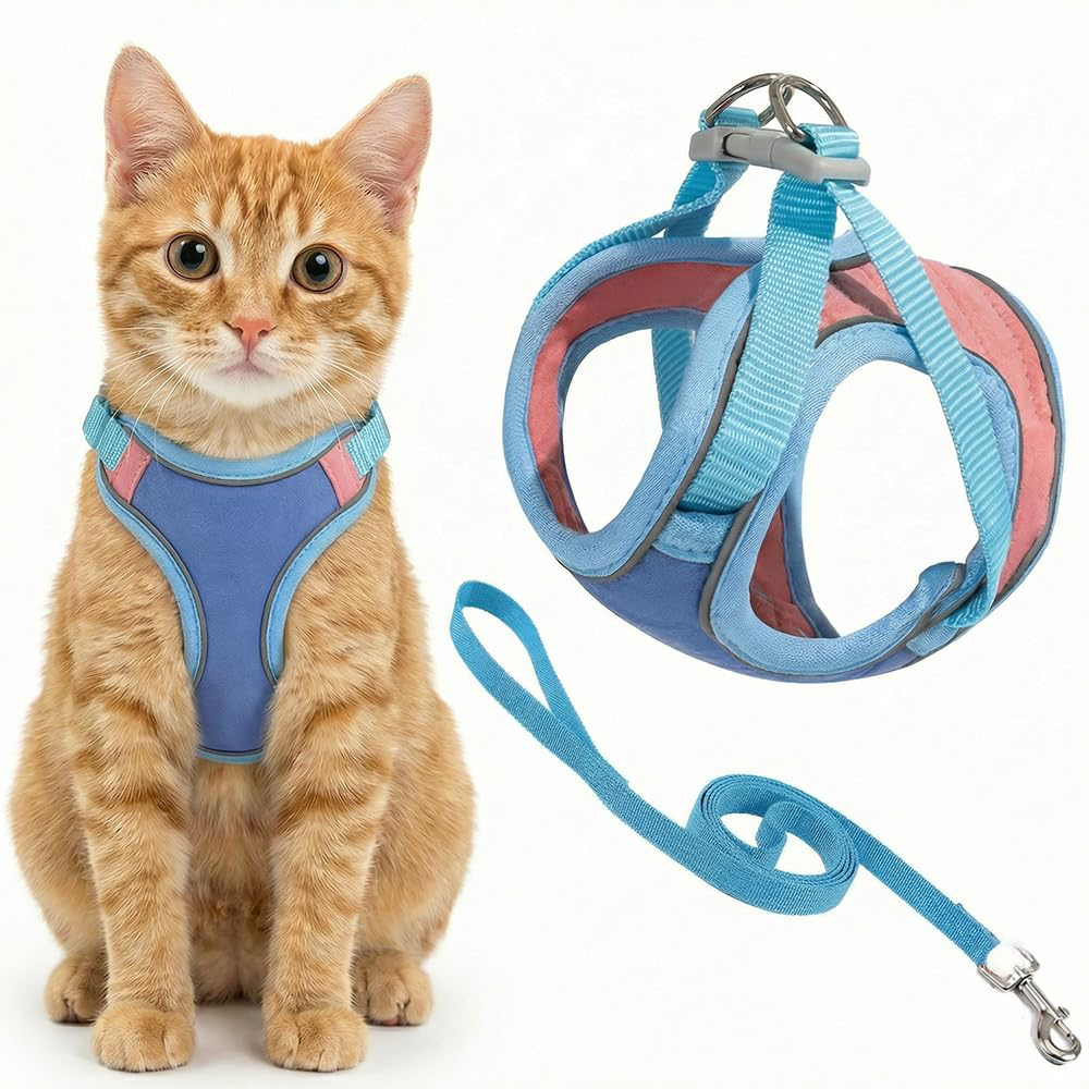 Adjustable step-in cat harness and leash set in a secure escape-proof design for safe outdoor walks