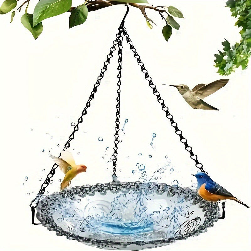 Hanging bird bath and feeder bowl suspended outdoors, showing bowl depth and hanging chain detail for garden or yard use