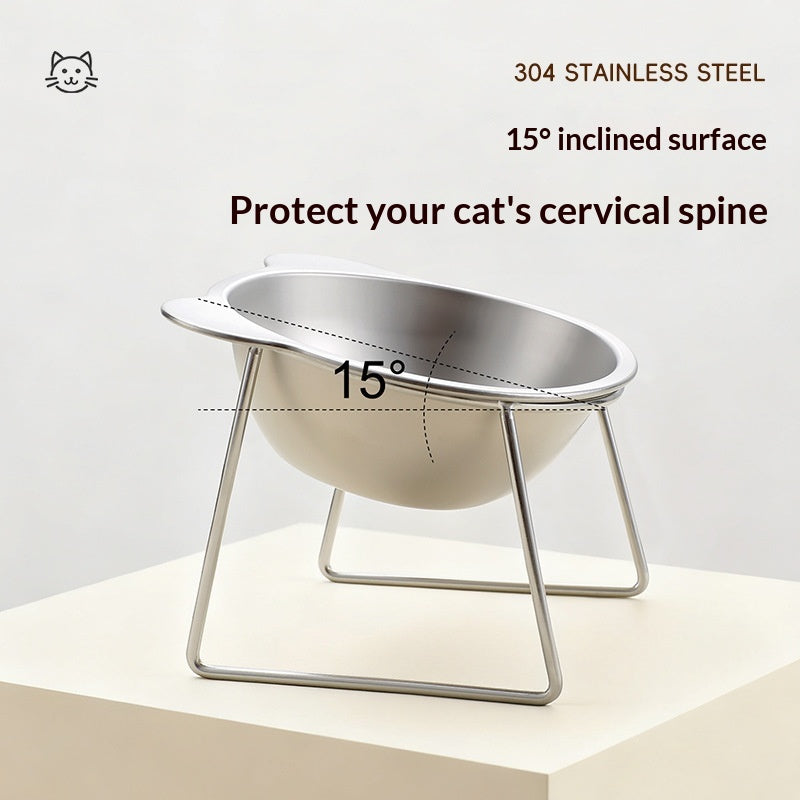 Stainless steel elevated pet bowl on a raised stand, suitable for dogs and cats, shown from a side angle