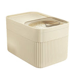 Airtight pet food storage container shown with included measuring cup, keeping dry kibble fresh and organized