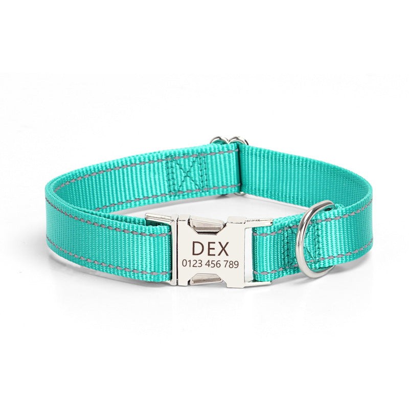 Adjustable nylon dog collar with reflective stitching shown in close-up detail view