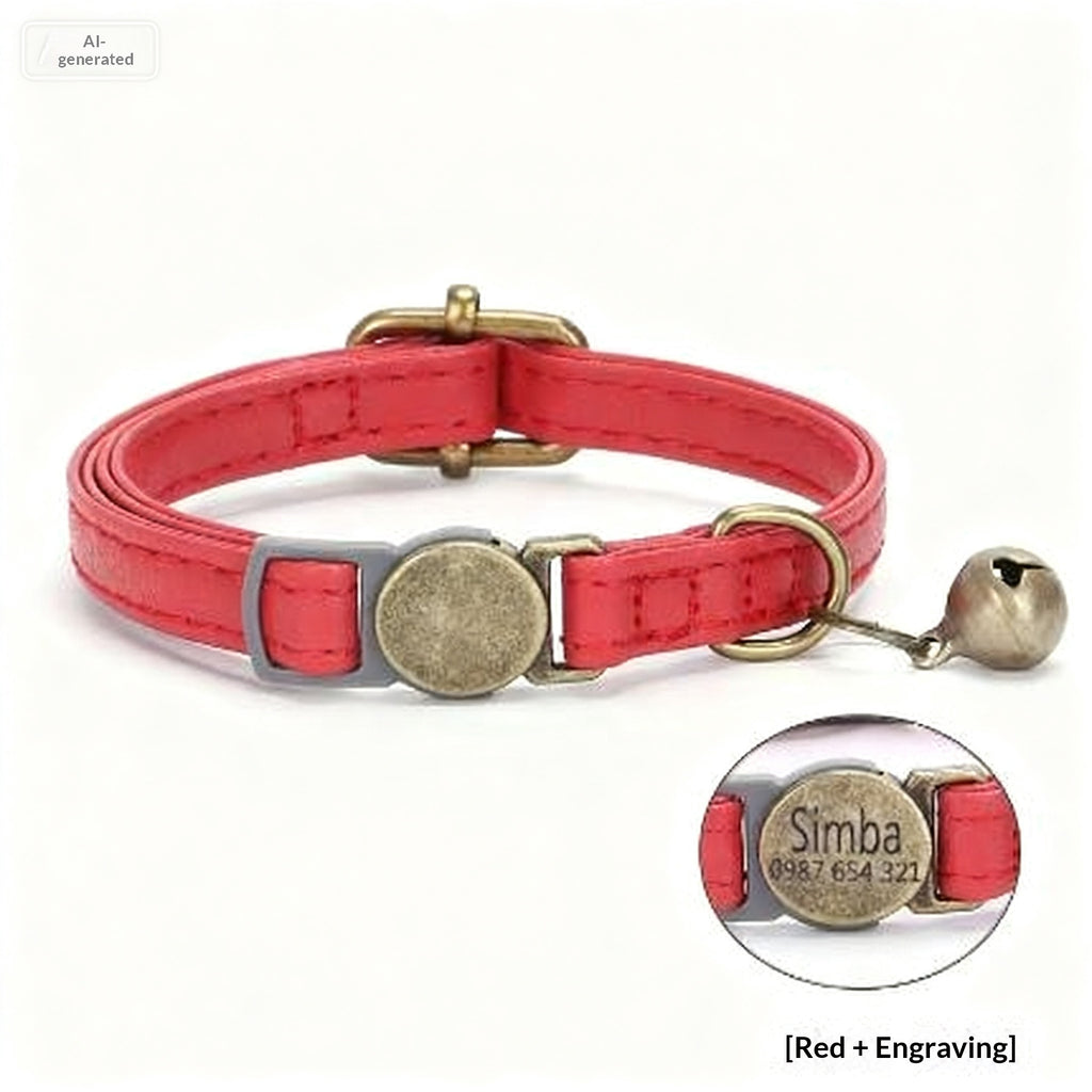 Close-up of a retro-style leather cat collar with vintage-inspired hardware detail