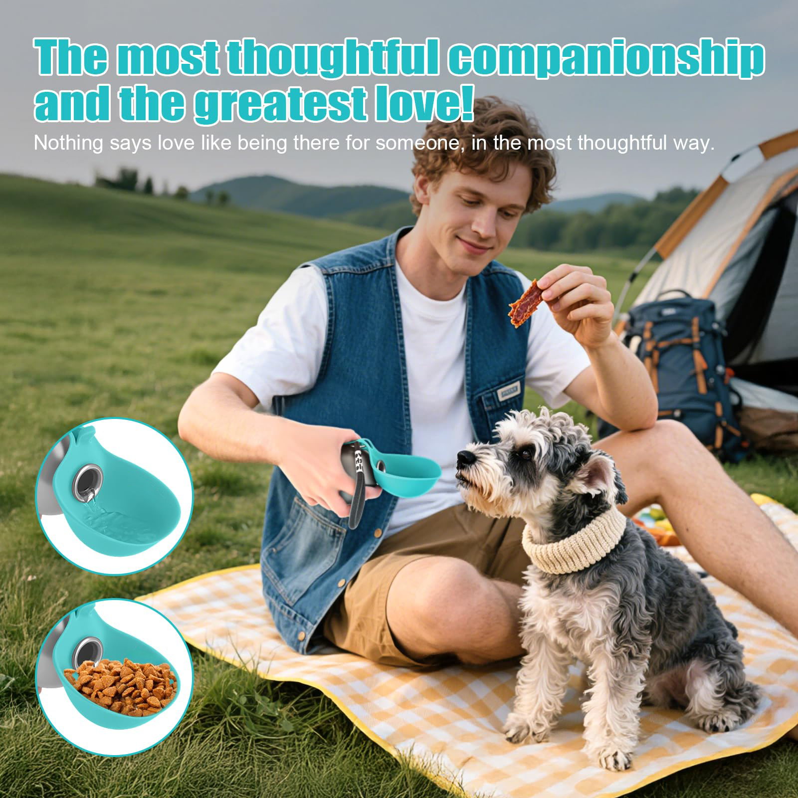 10oz stainless steel portable dog water bottle with attached bowl, ideal for travel and outdoor adventures with pets