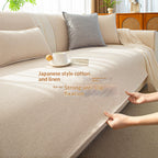 Close-up of a Japanese-style faux cotton-linen sofa cushion cover with a textured woven finish in a neutral tone