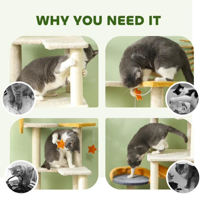 PawHut 63-inch moon and star cat tree showing the cozy hammock perch and enclosed condo for multi-level cat lounging