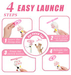 Rechargeable flying disc launcher cat toy shown with six colorful discs included for interactive play