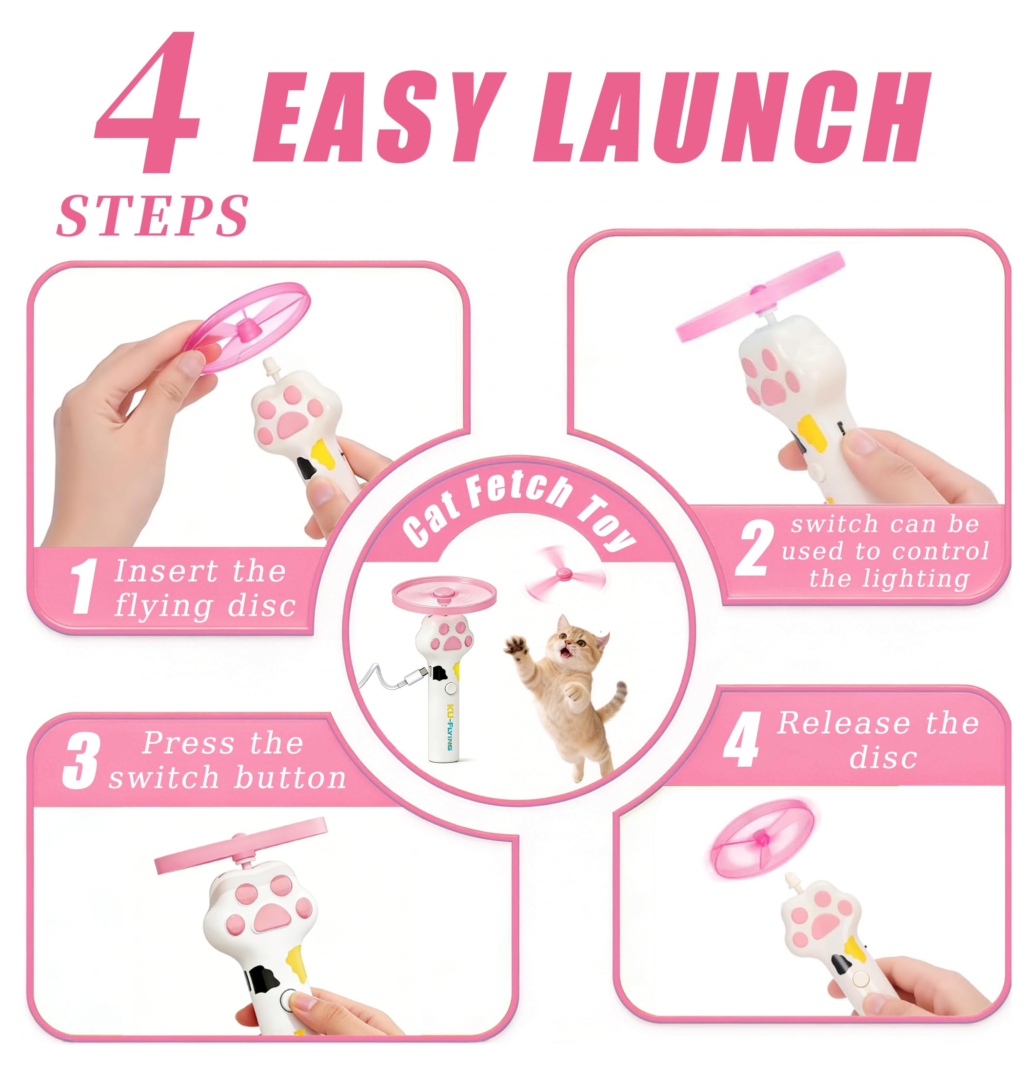 Rechargeable flying disc launcher cat toy shown with six colorful discs included for interactive play