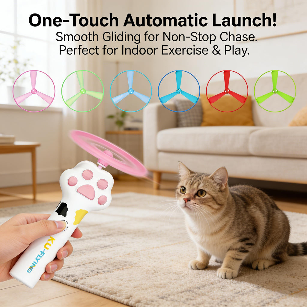Rechargeable flying disc launcher cat toy shown with six colorful discs included