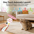 Rechargeable flying disc launcher cat toy shown with six colorful discs included