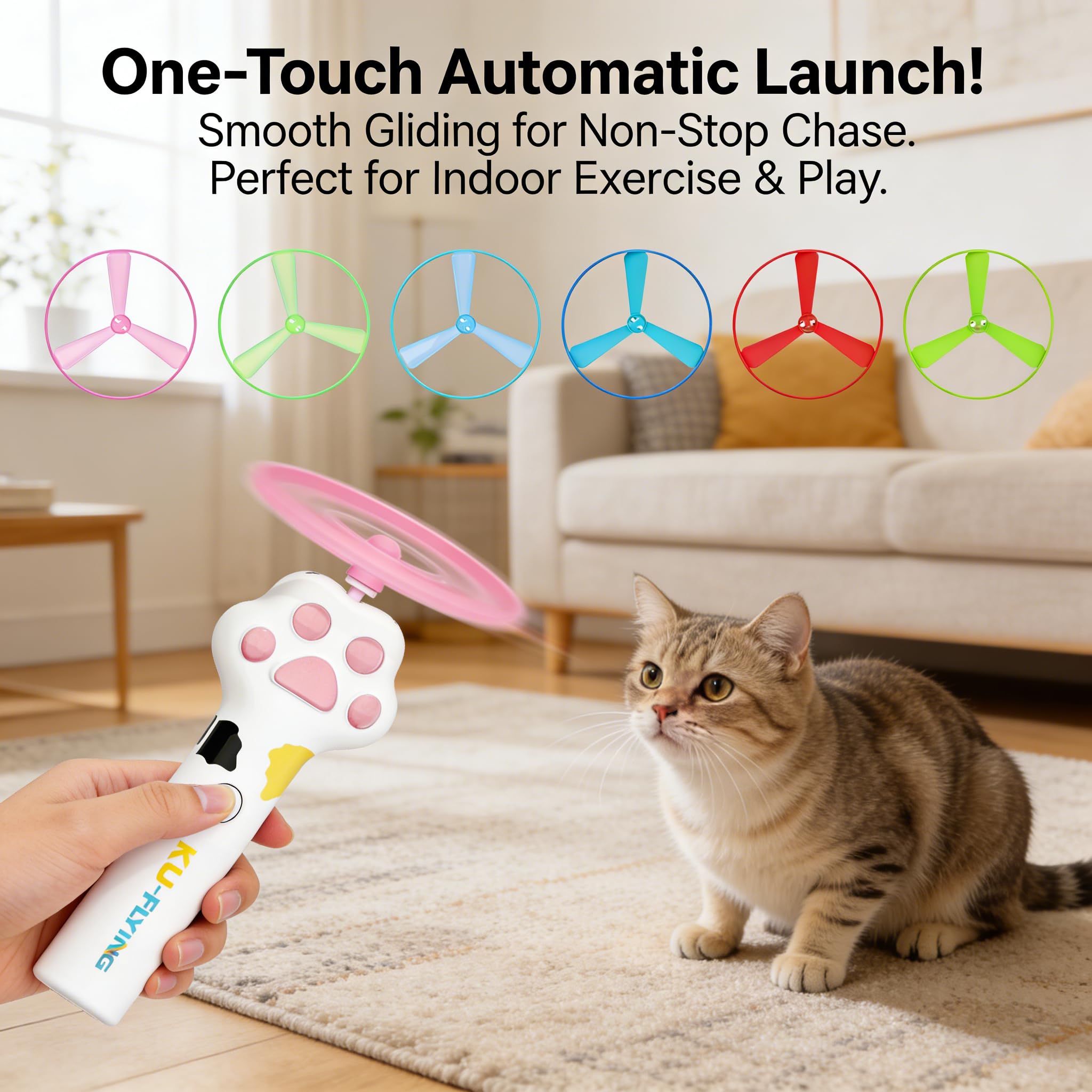 Rechargeable flying disc launcher cat toy shown with six colorful discs included