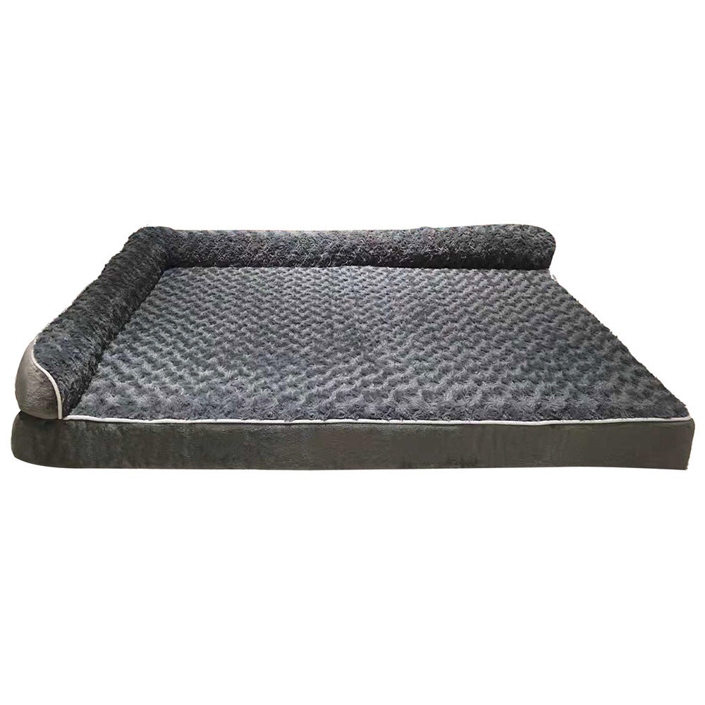 L-shaped dog sofa bed with plush cushioned seating and raised backrest, shown in a neutral gray fabric