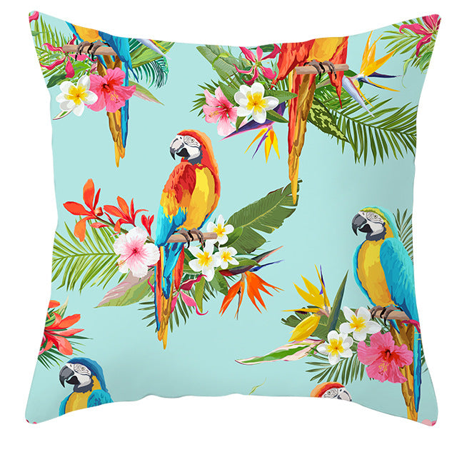 Tropical parrot and plant print throw pillow cover in vibrant colors, 45x45cm decorative cushion cover for sofa or bed