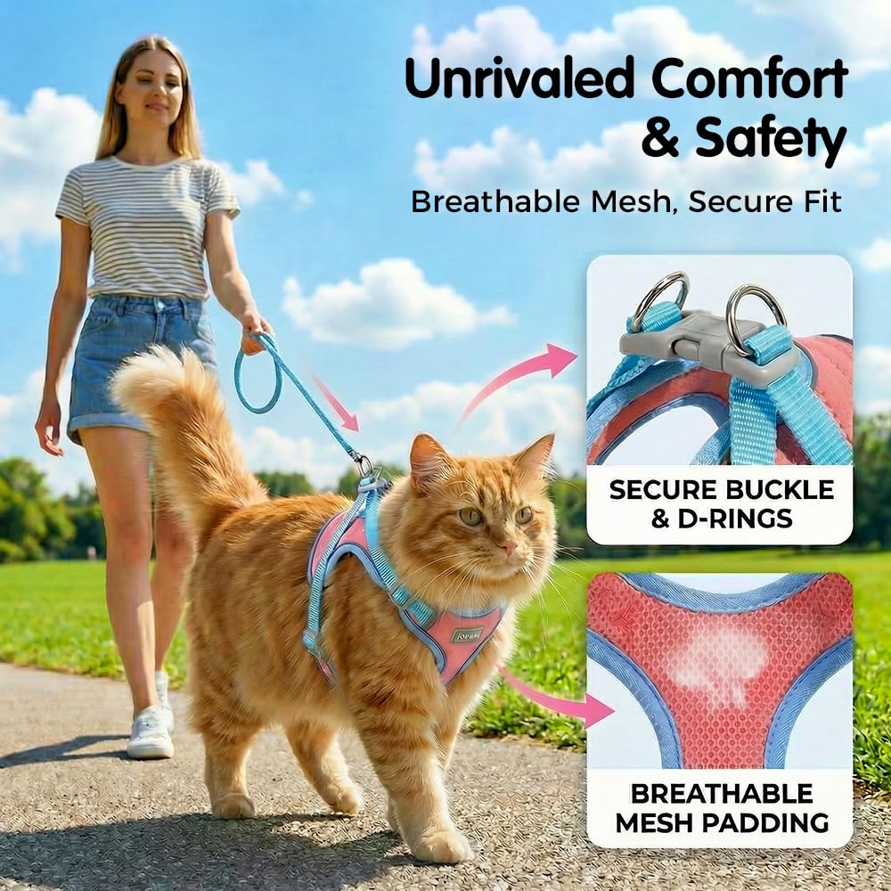 Adjustable step-in cat harness and leash set shown from the side, highlighting secure buckle closures and lightweight design
