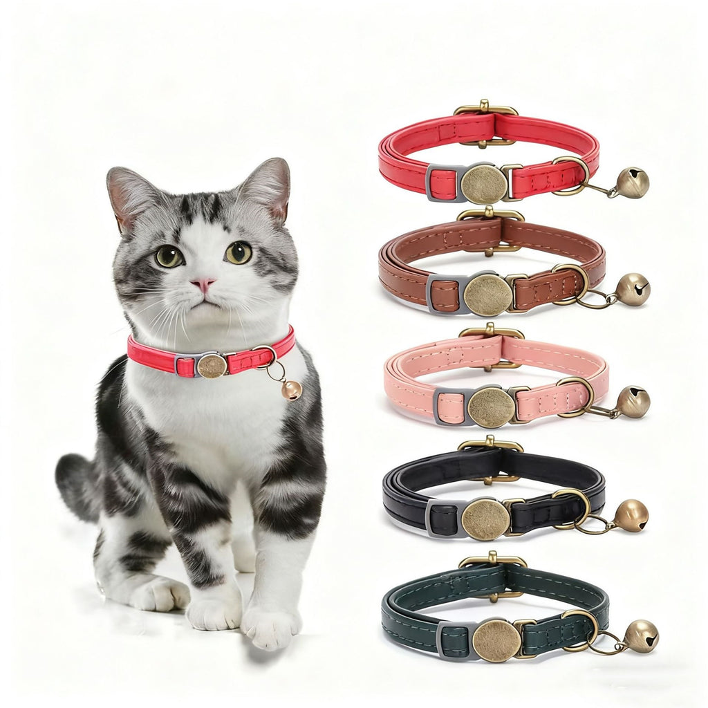 Brown retro leather cat collar with vintage-style buckle, shown flat on a neutral background