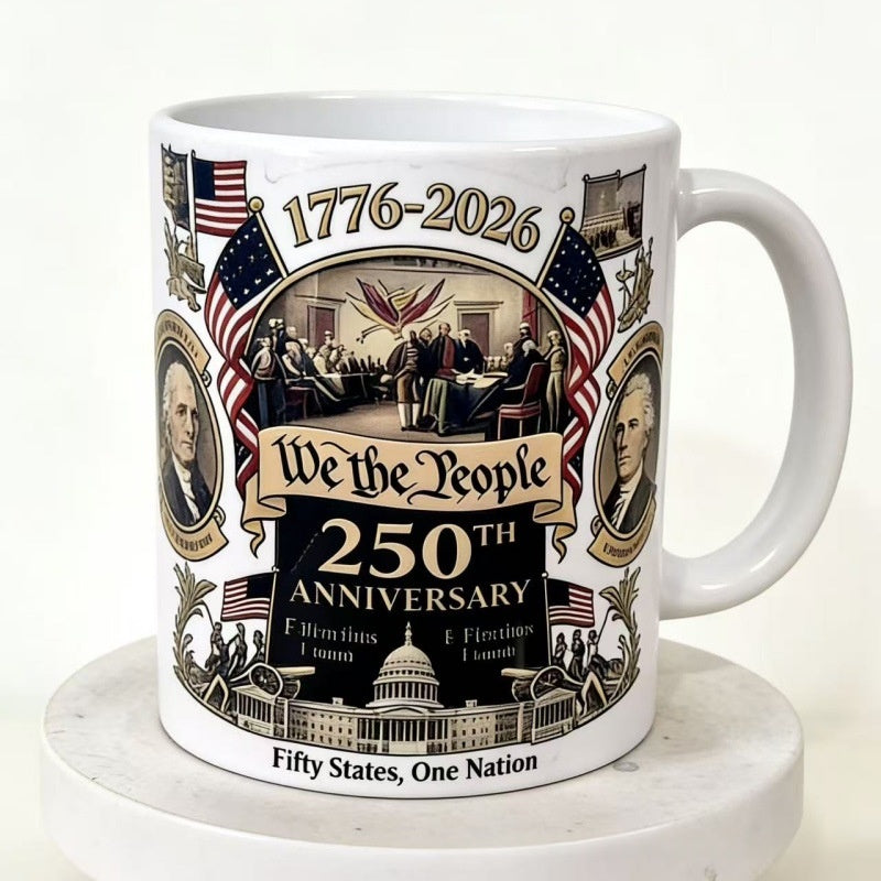 250th Anniversary ceramic coffee mug shown from the side, highlighting the round shape and commemorative design