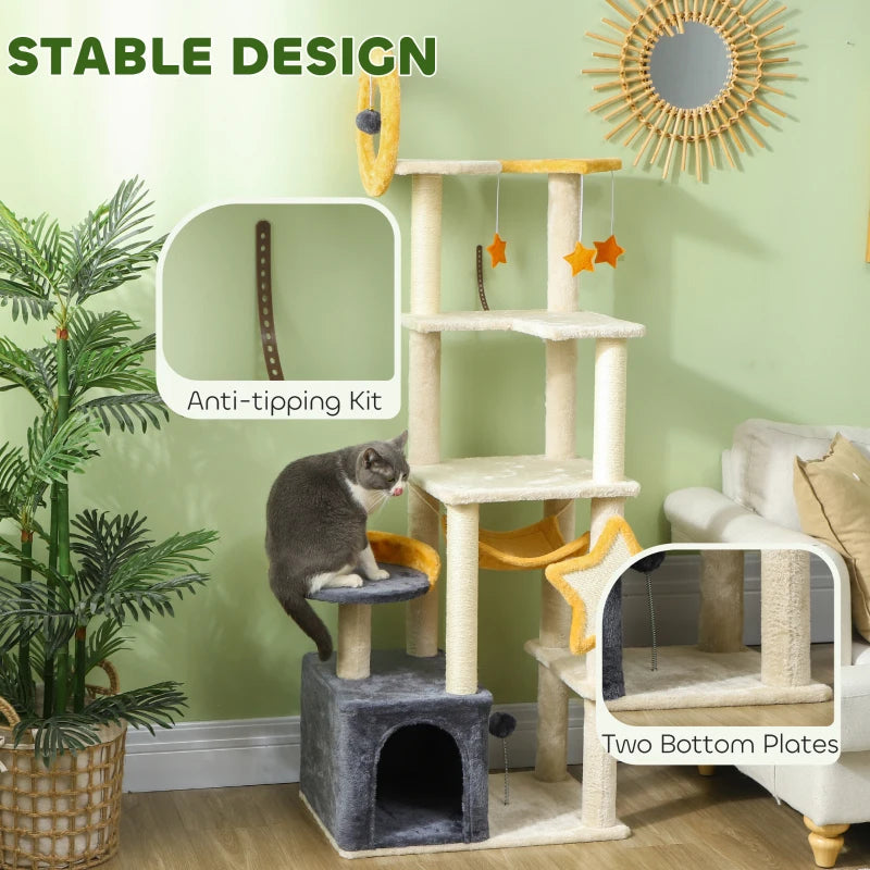 PawHut 63-inch moon and star cat tree showing the cozy condo, hanging hammock, and sisal scratching post in a neutral gray to