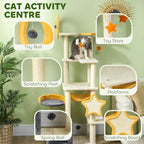 PawHut 63-inch moon and star cat tree showing the cozy hammock perch and sisal scratching post in a neutral gray tone