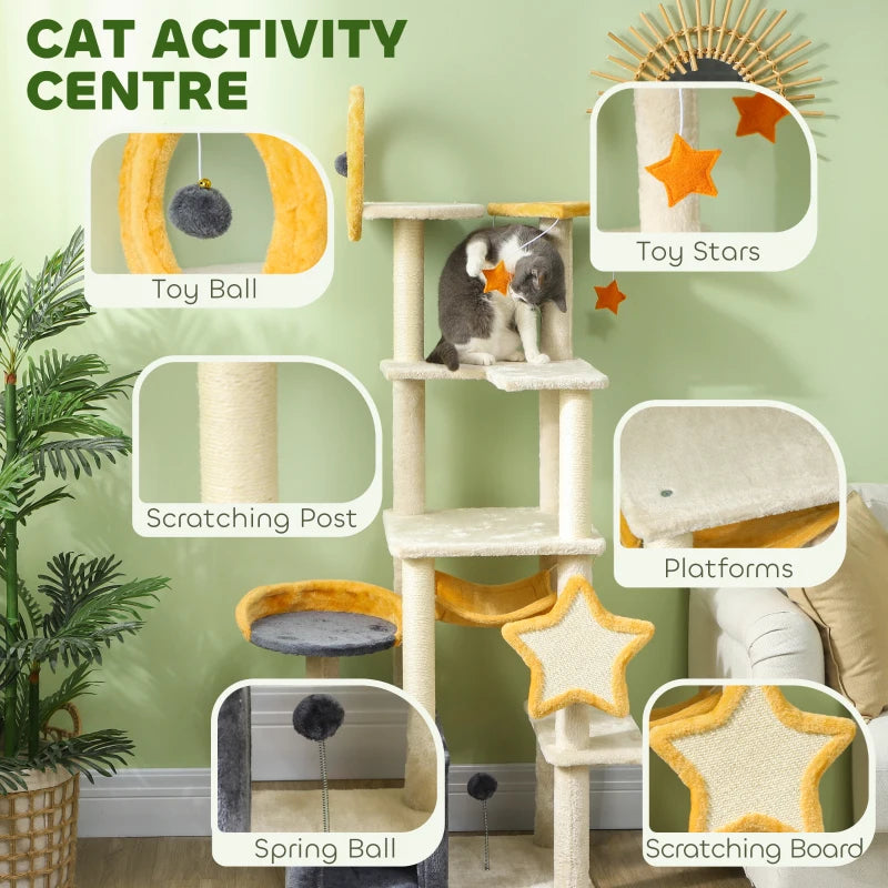 PawHut 63-inch moon and star cat tree showing the cozy hammock perch and sisal scratching post in a neutral gray tone