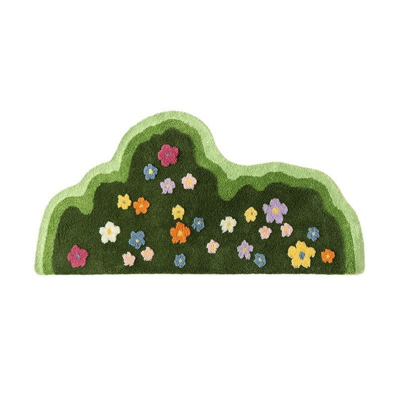 Soft area rug with floral and plant print pattern, shown flat with non-slip backing detail for home flooring use
