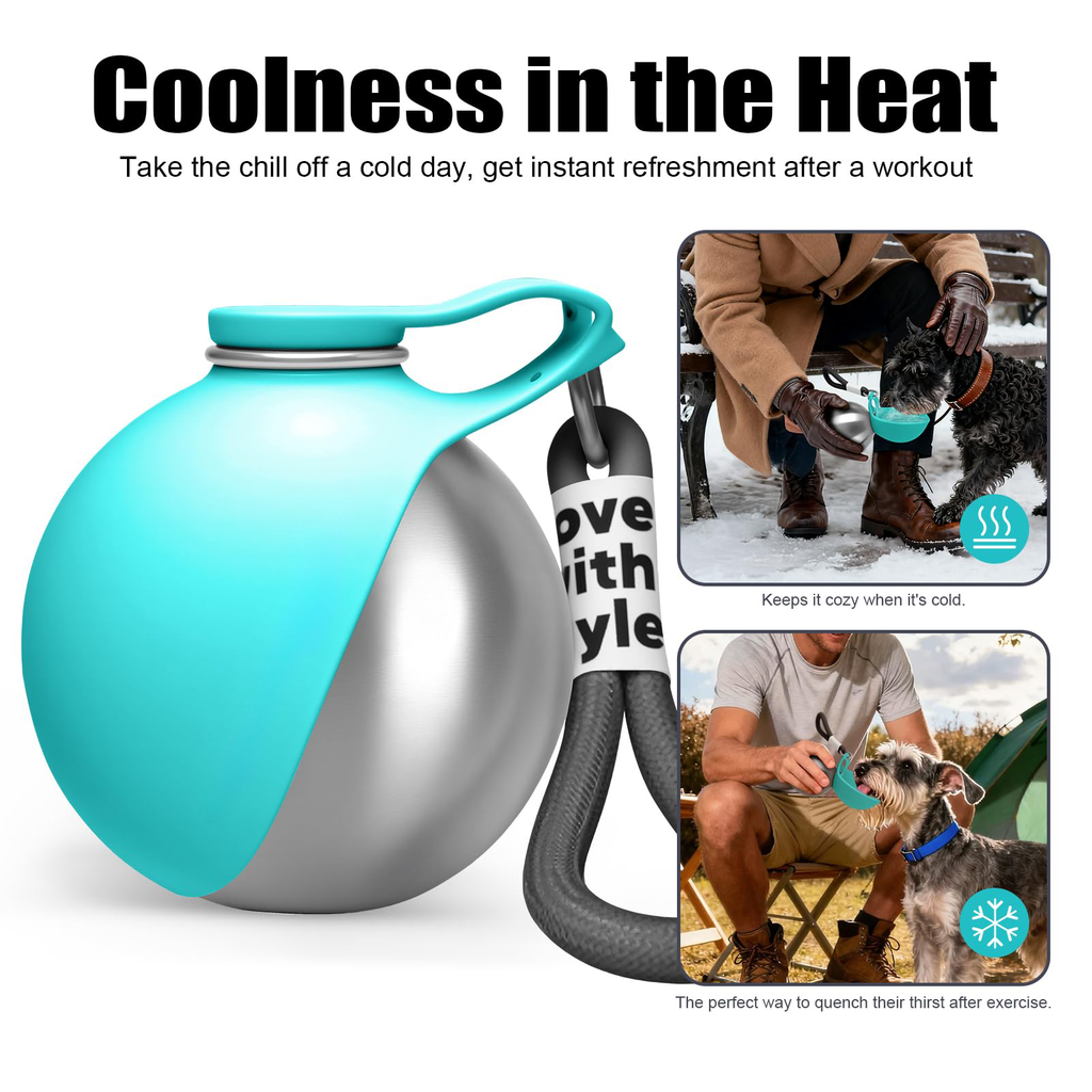 Stainless steel portable dog water bottle with attached bowl, 10oz travel size for pets on the go