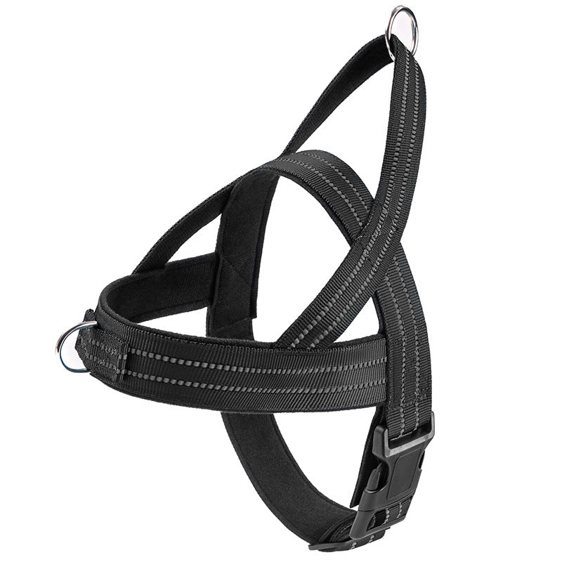 Black tactical dog vest harness with adjustable straps and collar, shown from a side angle highlighting the no-pull design