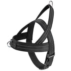 Black tactical dog vest harness with adjustable straps and collar, shown from a side angle highlighting the no-pull design