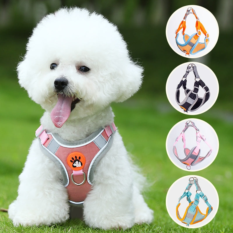 Breathable high-leg cat harness and leash set with Bichon Frise print, shown in detail view