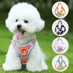 Breathable high-leg cat harness and leash set with Bichon Frise print, shown in detail view