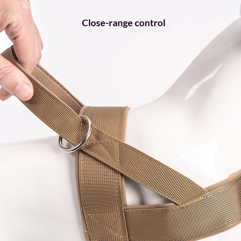 Black tactical dog vest harness shown from the side, featuring adjustable straps, handle, and MOLLE webbing panels