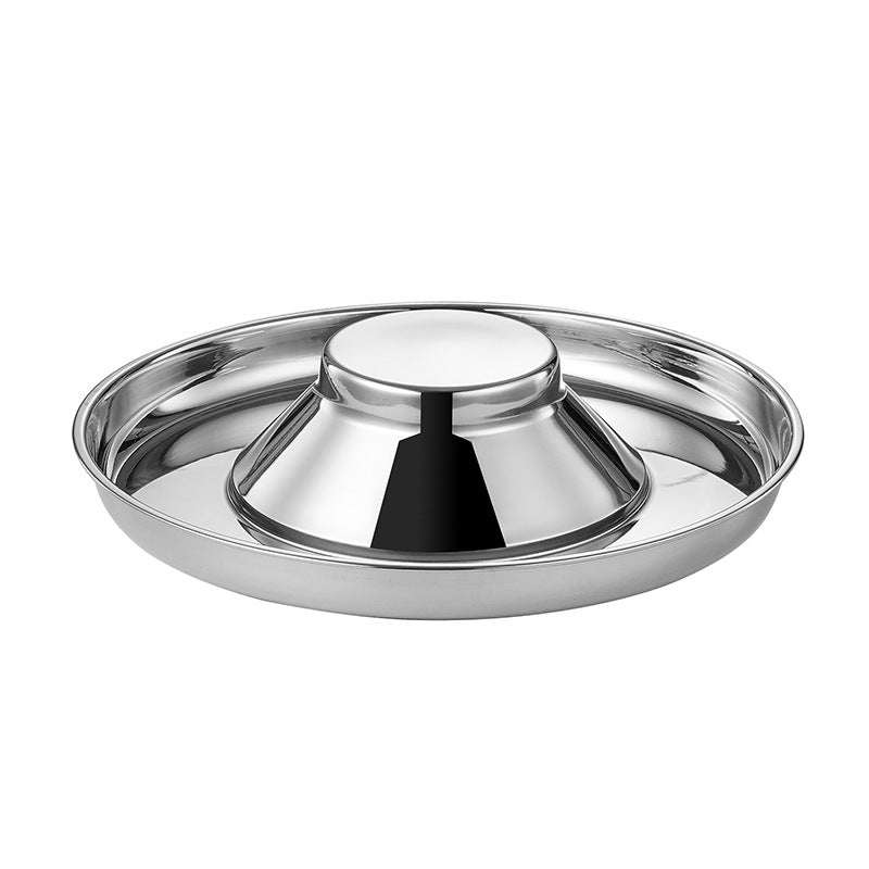 Stainless steel puppy weaning bowl with multiple feeding stations for litter feeding, shown from above