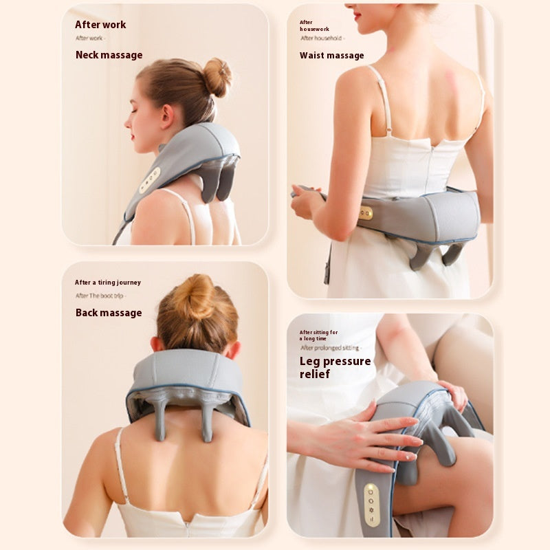 Neck massager with heat and kneading nodes shown from a side angle, highlighting the ergonomic wrap-around design