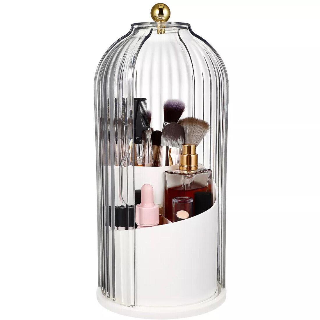 Clear acrylic 360 rotating makeup brush holder with lid open, showing organized compartments for brushes and beauty tools on 