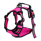 Reflective nylon pet harness and leash set shown from the side, highlighting secure buckles and bright reflective strips