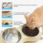 Yellow double stainless steel pet bowl set with non-slip base, shown from above highlighting both food and water bowls